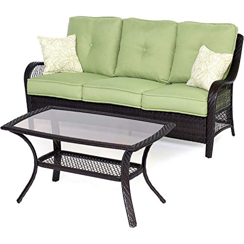 Hanover Orleans 4-Piece Steel Outdoor Patio Set Outdoor Patio Deep Seating Set with Brown Wicker, Sofa, Avocado Green Cushions, 4 Pillows and Glass Top Rectangular Coffee Table