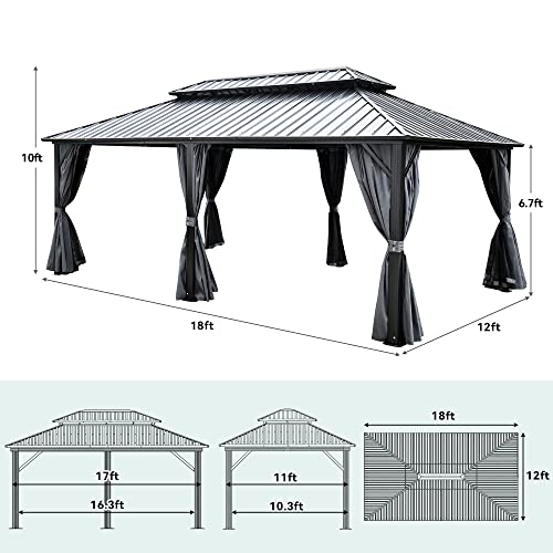 YITAHOME 12x18ft Hardtop Gazebo with Nettings and Curtains, Heavy Duty Double Roof Galvanized Steel Outdoor Combined of Vertical Stripes Roof for Patio, Backyard, Deck, Lawns, Gray