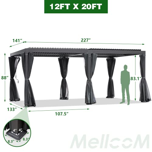MELLCOM 12'×20' Outdoor Louvered Pergola with Adjustable Aluminum Rainproof Roof, Patio Hardtop Gazebo Sun Shade Shelter for Beach Deck Patio Garden Yard, Curtains and Netting Included, Black