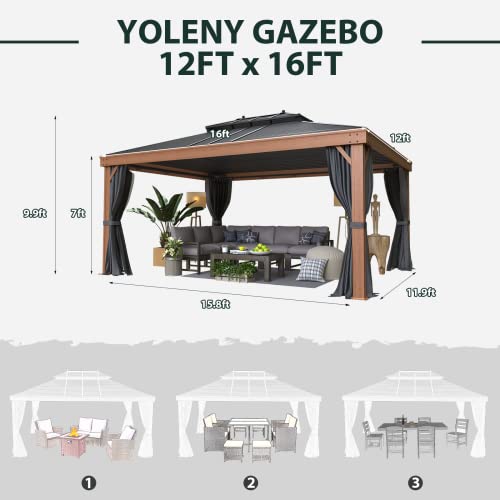 YOLENY 12' x 16' Hardtop Gazebo Metal Gazebo with Faux Wood Grain Aluminum Frame, Galvanized Steel Double Roof, Outdoor Patio Gazebo Pergolas with Netting and Curtains for Backyard, Patio, Lawns
