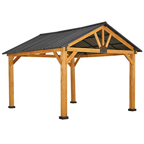 Outsunny 11' x 13' Hardtop Gazebo with Galvanized Steel Roof, Wooden Frame, Permanent Pavilion Outdoor Gazebo with Ceiling Hook for Garden, Patio, Backyard, Lawn