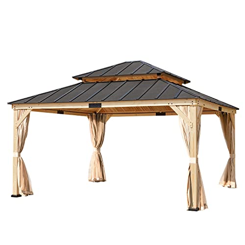 MELLCOM 13' x 15' Asphalt Hardtop Gazebo, Spruce Wood Double Roof Gazebo with Curtains and Meshes, Canopy Gazebo with Waterproof Coated Wood Frame for Patios, Gardens, Lawns, and Backyards