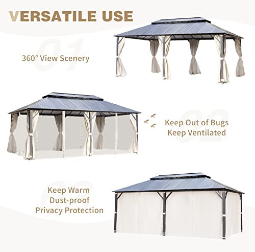 YOLENY 12x20FT Hardtop Gazebo, Permanent Outdoor Aluminum Patio Gazebo with Aluminum Composite Double Roof, Party Tents for Patio Lawn and Garden, Curtains and Netting Included