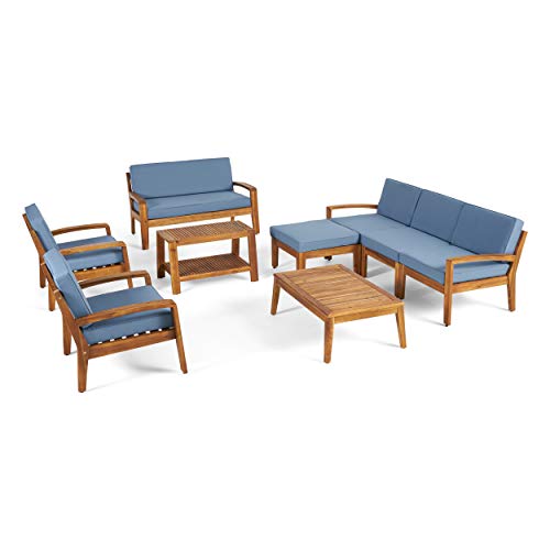 Great Deal Furniture Sally 7-Seater Sectional Sofa Set for Patio with Loveseat, Club Chairs, Ottoman, and Coffee Tables, Acacia Wood, Teak Finish with Blue Outdoor Cushions