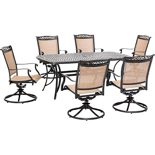 Hanover Fontana 7-Piece Outdoor Patio Dining Set with 38"x72" Cast-Top Rectangular Table and 6 Quick-Dry Sling Swivel Rocker Chairs, Modern Weather Resistant Furniture Set with Table and Chairs