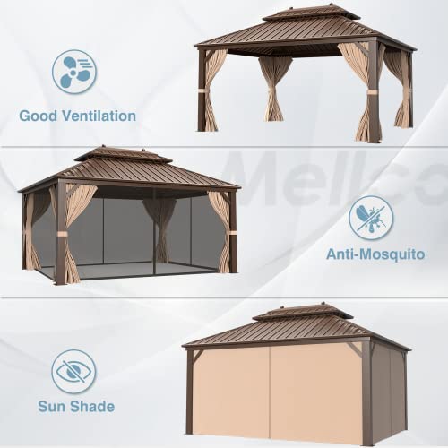 MELLCOM 12' x 16' Hardtop Gazebo, Galvanized Steel Metal Double Roof Aluminum Gazebo with Curtains and Netting, Brown Permanent Pavilion Gazebo with Frame for Patios, Gardens, Lawns