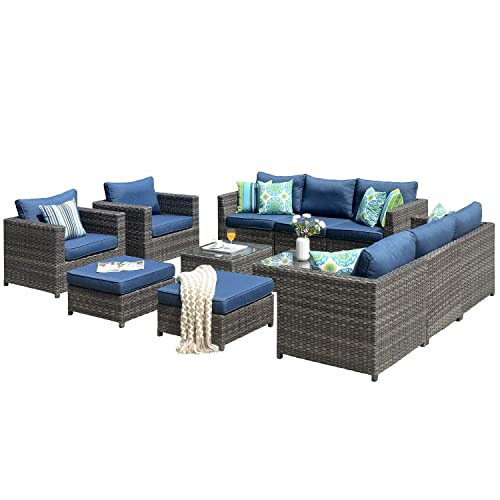 ovios Patio Furniture Set, 12 PCS Big Size Outdoor Furniture Set All Weather Rattan Wicker Sofa Sectional Set with Glass Table, Garden, Backyard, No Assembly Required (Grey-Denim Blue)