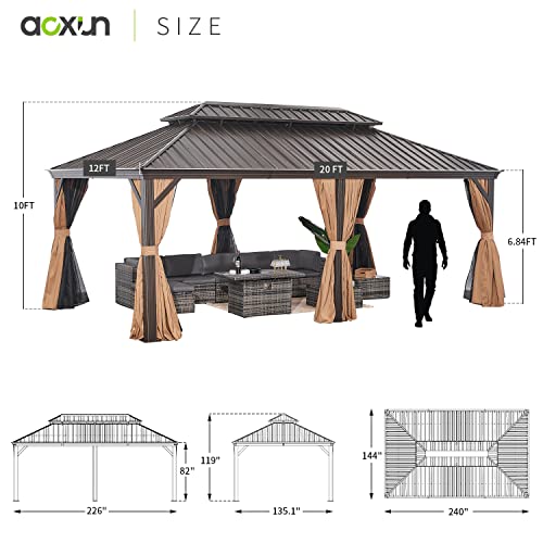 Aoxun 12FT×20FT Hardtop Aluminum Gazebo, Outdoor Metal Frame Canopy Gazebo with a Mosquito Net and Privacy Sidewalls, All-Weather Gazebo Canopy for Patio, Garden(Brown)