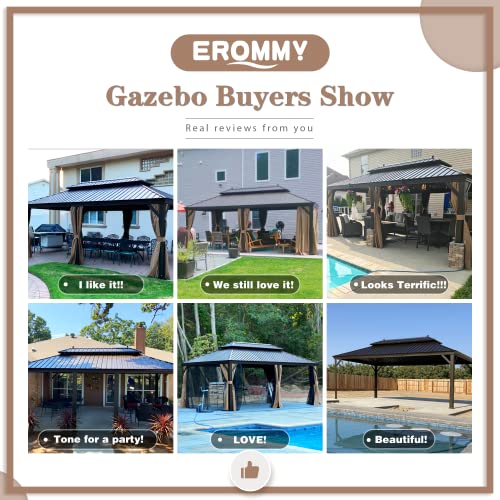 EROMMY 12' X 20' gazebos on Clearance, Hardtop Gazebo Aluminum Gazebos with Galvanized Steel Double Roof for Patio Lawn and Garden, Curtains and Netting Included, Dark Bronze