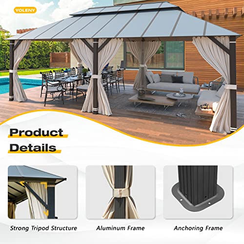 YOLENY 12x20FT Hardtop Gazebo, Permanent Outdoor Aluminum Patio Gazebo with Aluminum Composite Double Roof, Party Tents for Patio Lawn and Garden, Curtains and Netting Included