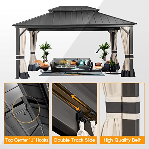 Warmally 12' x 16' Hardtop Gazebo, Outdoor Permanent Gazebo with Galvanized Steel Double Roof Canopy, Aluminum Frame Pavilion with Netting and Curtains for Patio, Deck, Backyard, Lawn and Gardens