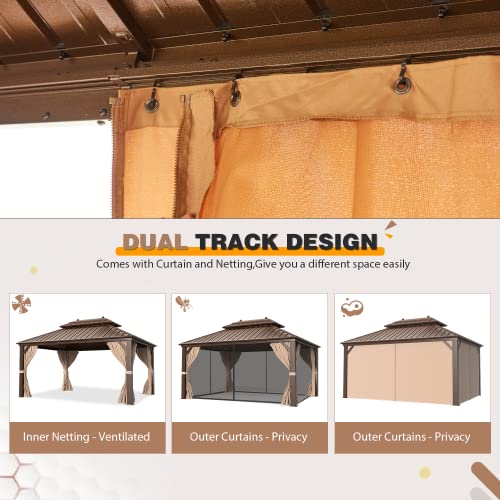EROMMY 12'x16' Hardtop Gazebo Double Roof Galvanized Steel Canopy Outdoor Aluminum Frame Permanent Metal Pavilion with Netting and Curtains for Patio Backyard Deck and Lawns
