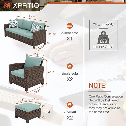 MIXPATIO 5 Pcs Patio Conversation Set for 7 Seats, Rattan Wicker Outdoor Patio Furniture Set, 2 x Single Chair, 2 x Ottoman, 3-Seat Sofa for Lawn Garden Backyard, Blue