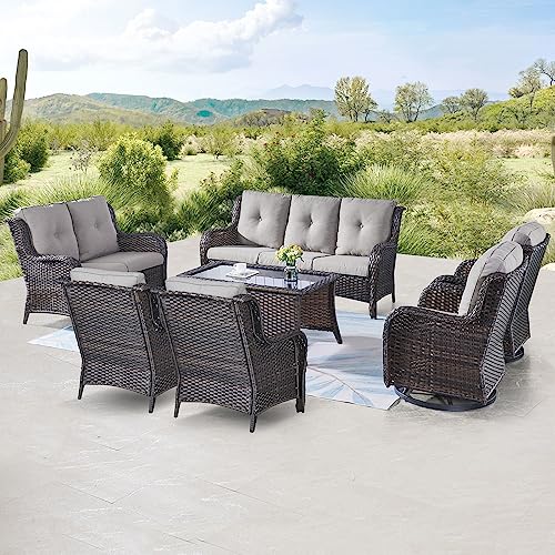 Belord Outdoor Furniture Wicker Conversation Sets - 7 Piece Patio Rattan Furniture Sets with Swivel Rocker Chairs Outdoor Sofa for Porch Deck Backyard Brown/Grey