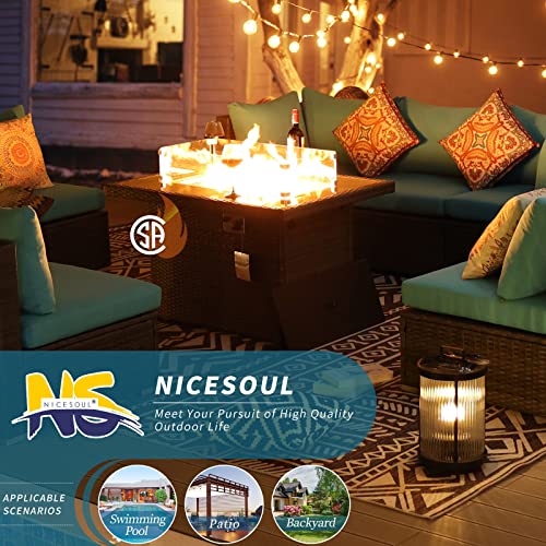 NICESOUL® Large 9 Pcs Outdoor Patio Furniture Set with Fire Pit Table Teal Blue High Back HDPE Handwoven Rattan Modular Sofa Set Patio Conversation Sets with Fireplaces Modern Sofa