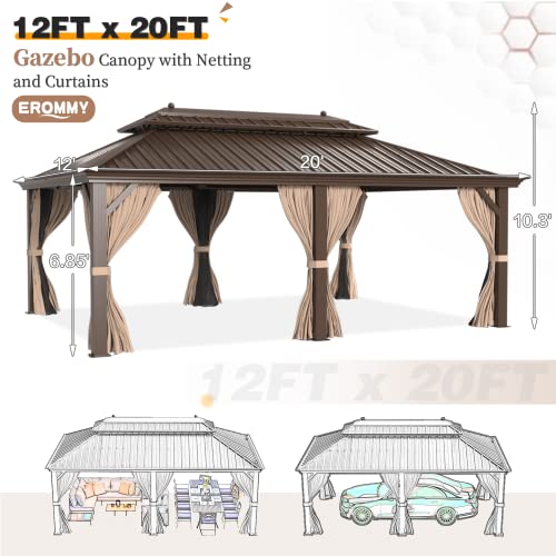 EROMMY 12' x 20' Gazebo Hardtop Double Roof Galvanized Steel Canopy with Netting and Curtains Outdoor Aluminum Frame Permanent Metal Pavilion for Patio Backyard Deck and Lawns
