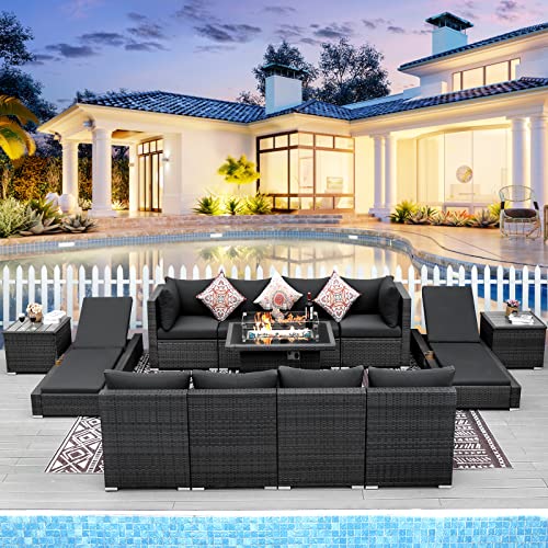 RADIATA 13 Pieces PE Wicker Patio Furniture Set Sectional High Back Large Size Sofa Sets with Propane Fire Pit Table 55000 BTU Balcony Rattan Lounge Conversation Sets for Outdoor