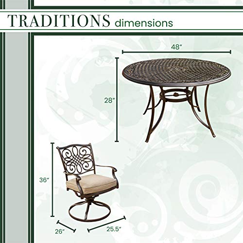 Hanover 5-Piece Four Traditions Swivel Rocker Chairs with Tan Cushions and 48" Round Cast Table, Patio Dining Set for 4, Premium Weather Resistant Outdoor Furniture