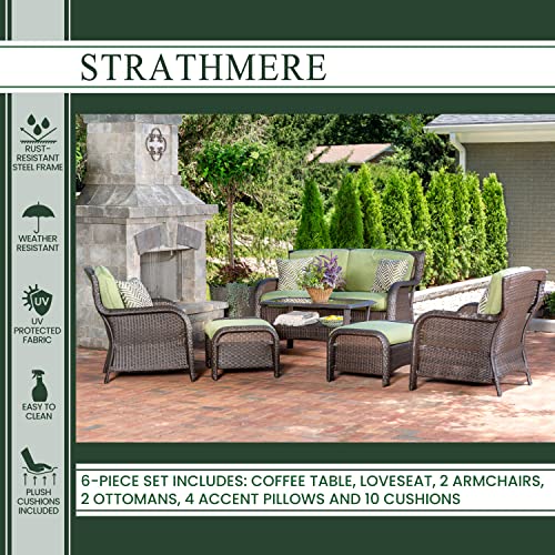 Hanover Strathmere 6-Piece Wicker Patio Furniture Set with Loveseat, 2 Chairs with Ottomans, Green Cushions, Pillows and Glass Top Coffee Table, All-Weather Modern Outdoor Sofa Set