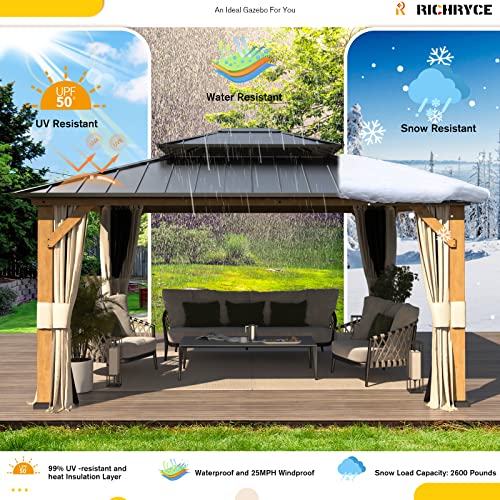 RICHRYCE 13' x 15' Solid Wood Gazebo, Hardtop Gazebo Plastic Sprayed Metal Roof Outdoor Gazebo Canopy Double Vented Roof Pergolas Wood Frame with Netting and Curtains for Garden, Patio, Lawns