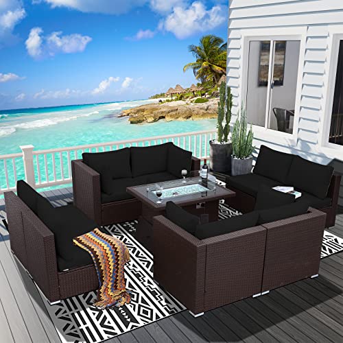 BULEXYARD 9 Pieces Patio Furniture Set with 43" Propane/Natural Gas Fire Pit Table, Outdoor Sectional Sofa Conversation Sets (Espresso/Black)