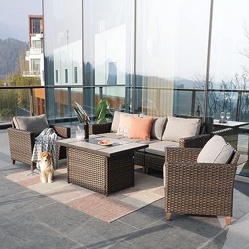 Grand patio Sofa Sets 6 Pieces Conversation Set with Fire Pit Table, PE Wicker Patio Furniture Sectional Sofa with Thick Cushions for Yard Garden Porch (Set for 5 Firetable, 6 PCS)