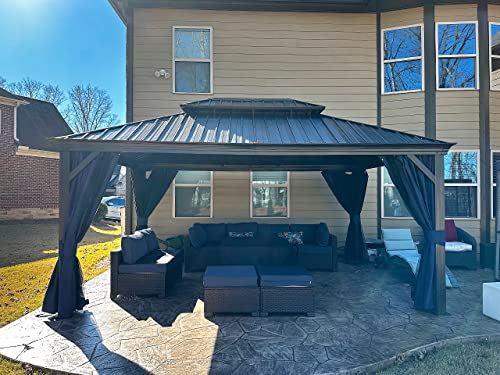 PURPLE LEAF 12' X 16' Permanent Hardtop Gazebo for Patio with Netting and Curtains Deck Backyard Heavy Duty Sunshade Metal Roof All Weather Outdoor Pavilion Canopy