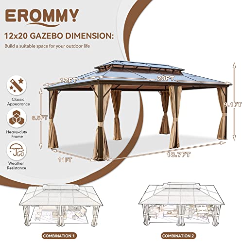 EROMMY 12'x20' Gazebo Polycarbonate Double Roof Canopy Outdoor Aluminum Frame Pergolas with Netting and Curtains for Garden Patio Lawns Parties