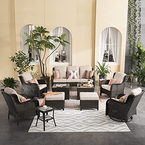 XIZZI Patio Furniture Set Wicker Patio Furniture 10 Pieces Outdoor Conversation Deck Sofa with High Back Swivel Rocking Chairs,Ottomans and Coffee Tables,Brown Wicker Beige Cushion