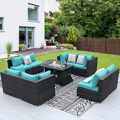 NICESOUL® Large 9 Pcs Outdoor Patio Furniture Set with Fire Pit Table Teal Blue High Back HDPE Handwoven Rattan Modular Sofa Set Patio Conversation Sets with Fireplaces Modern Sofa