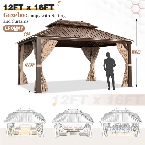 EROMMY 12'x16' Hardtop Gazebo Double Roof Galvanized Steel Canopy Outdoor Aluminum Frame Permanent Metal Pavilion with Netting and Curtains for Patio Backyard Deck and Lawns