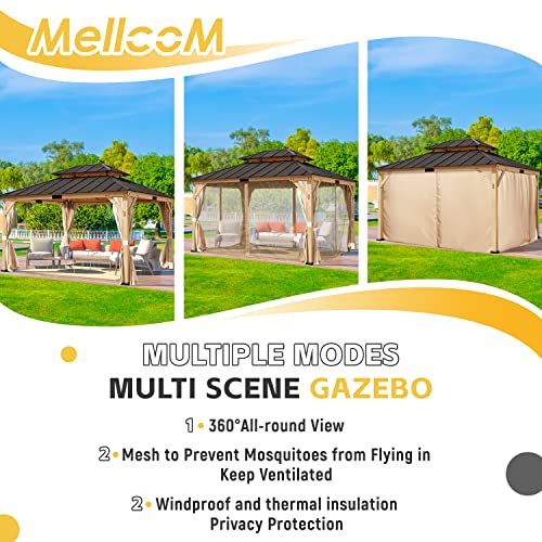 MELLCOM 13' x 15' Asphalt Hardtop Gazebo, Spruce Wood Double Roof Gazebo with Curtains and Meshes, Canopy Gazebo with Waterproof Coated Wood Frame for Patios, Gardens, Lawns, and Backyards