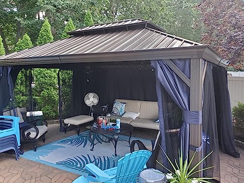 PURPLE LEAF 12' X 16' Permanent Hardtop Gazebo for Patio with Netting and Curtains Deck Backyard Heavy Duty Sunshade Metal Roof All Weather Outdoor Pavilion Canopy
