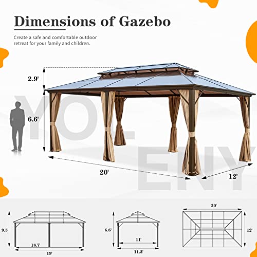 YOLENY 12'x20' Hardtop Gazebo, Outdoor Polycarbonate Double Roof Canopy, Aluminum Frame Permanent Pavilion with Curtains and Netting, Sunshade for Garden, Patio, Lawns