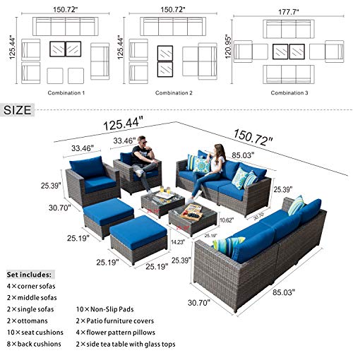 XIZZI Patio Furniture Sets Outdoor Sectional Sofa 12 Pieces No Assembly Required Big Size All Weather Wicker Aluminum Conversation Set with 4 Pillows and 2 Furniture Covers,Grey Wicker Navy Blue