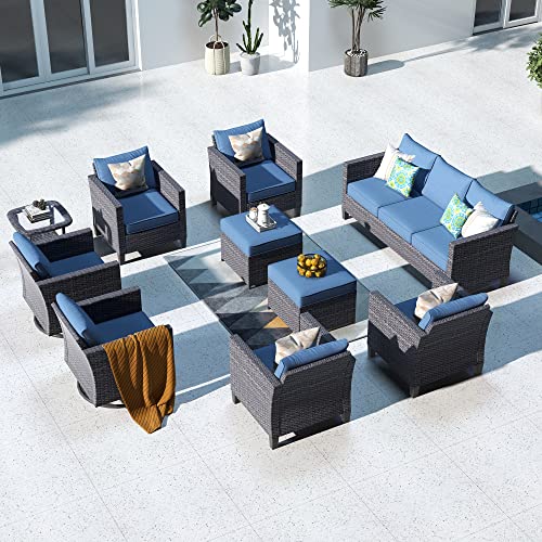 ovios Patio Furniture Set 10 PCS Outdoor Wicker Rocking Swivel Chairs Sectional Sofa Set with 4 Single Chairs High Back Rattan Sofa for Yard Garden Porch (Denim Blue)