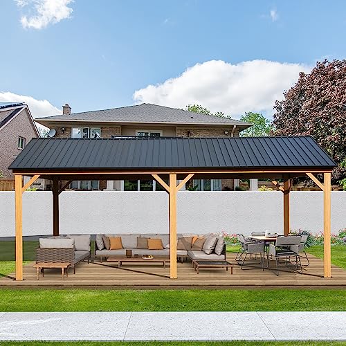 Domi 12x20FT Hardtop Gazebo, Galvanized Steel Gable Roof Gazebo Pergola with Wood Grain Aluminum Frame, Outdoor Permanent Gazebo Pavilion for Patio, Garden, Deck, Backyard
