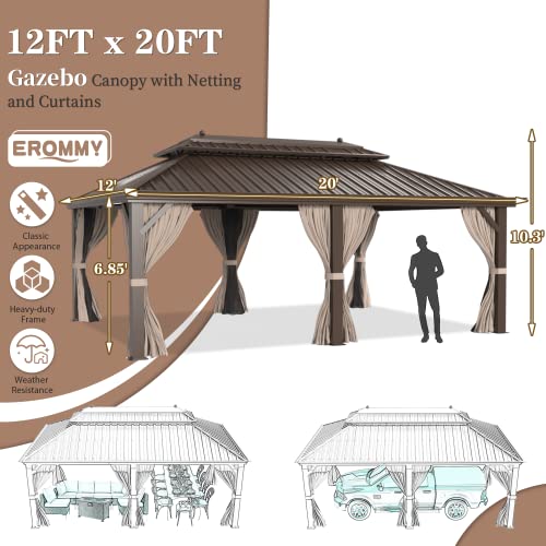 EROMMY 12' X 20' gazebos on Clearance, Hardtop Gazebo Aluminum Gazebos with Galvanized Steel Double Roof for Patio Lawn and Garden, Curtains and Netting Included, Dark Bronze