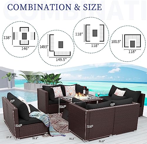 BULEXYARD 9 Pieces Patio Furniture Set with 43" Propane/Natural Gas Fire Pit Table, Outdoor Sectional Sofa Conversation Sets (Espresso/Black)