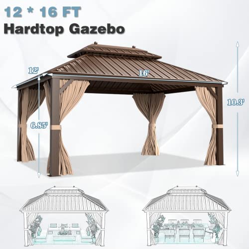 MELLCOM 12' x 16' Hardtop Gazebo, Galvanized Steel Metal Double Roof Aluminum Gazebo with Curtains and Netting, Brown Permanent Pavilion Gazebo with Aluminum Frame for Patio, Lawn & Garden