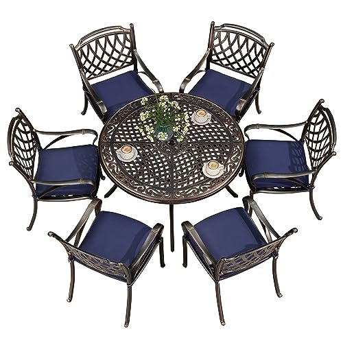 PURPLE LEAF Patio Dining Set Cast Aluminum 7-Piece Patio Furniture Set with 6 Dining Armchairs and 47" Round Table, 6 Cushions Included, for Lawn Yard Garden, Rhombic Navy Blue Outdoor Dining Set