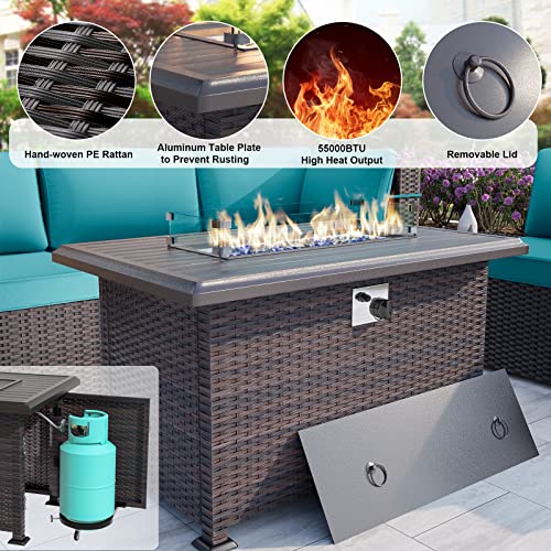 ALAULM 15 Pieces Outdoor Patio Furniture Set with Propane Fire Pit Table Outdoor Sectional Sofa Sets Patio Furniture 43" Gas Fire Pit Brown PE Rattan Patio Conversation Set w/12 Cushions (Blue)