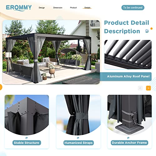 EROMMY 10' x 12' Louvered Pergola, Outdoor Patio Hardtop Gazebo, Sun Shade Shelter, Adjustable Metal Roof Hardtop Gazebo for Deck Patio Garden Yard, Curtains and Netting Included, Gray-Black