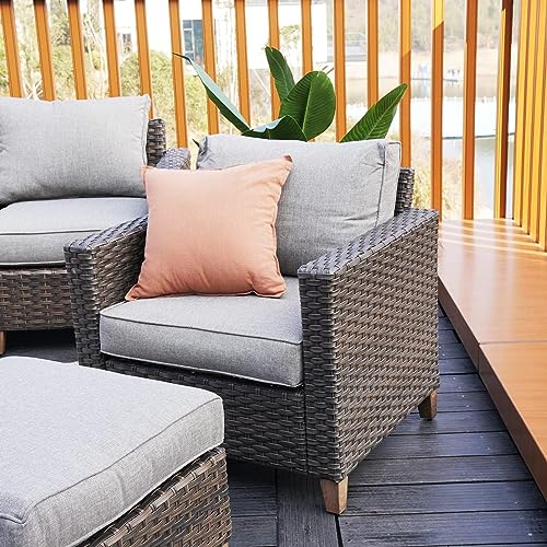 Grand patio Sofa Sets 6 Pieces Conversation Set with Fire Pit Table, PE Wicker Patio Furniture Sectional Sofa with Thick Cushions for Yard Garden Porch (Set for 5 Firetable, 6 PCS)