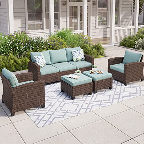 MIXPATIO 5 Pcs Patio Conversation Set for 7 Seats, Rattan Wicker Outdoor Patio Furniture Set, 2 x Single Chair, 2 x Ottoman, 3-Seat Sofa for Lawn Garden Backyard, Blue