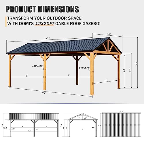 Domi 12x20FT Hardtop Gazebo, Galvanized Steel Gable Roof Gazebo Pergola with Wood Grain Aluminum Frame, Outdoor Permanent Gazebo Pavilion for Patio, Garden, Deck, Backyard