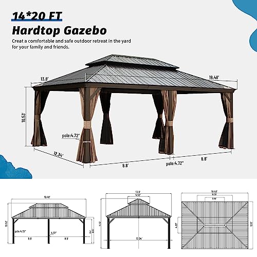 Domi Outdoor Living 14’ X 20’ Hardtop Gazebo, Outdoor Aluminum Frame Canopy with Galvanized Steel Double Roof, Outdoor Permanent Metal Pavilion with Curtains and Netting for Patio, Backyard and Lawn