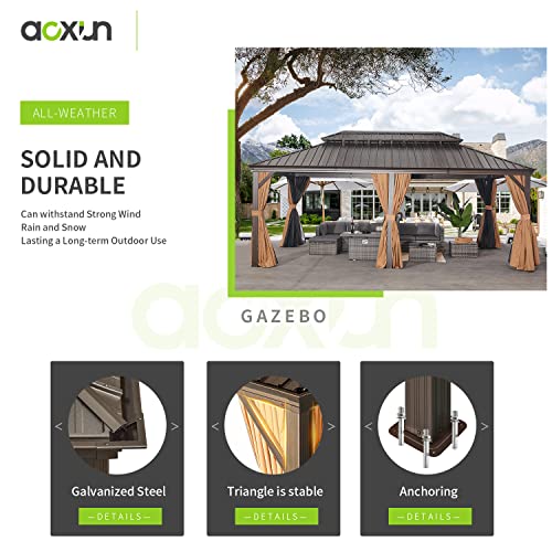 Aoxun 12FT×20FT Hardtop Aluminum Gazebo, Outdoor Metal Frame Canopy Gazebo with a Mosquito Net and Privacy Sidewalls, All-Weather Gazebo Canopy for Patio, Garden(Brown)