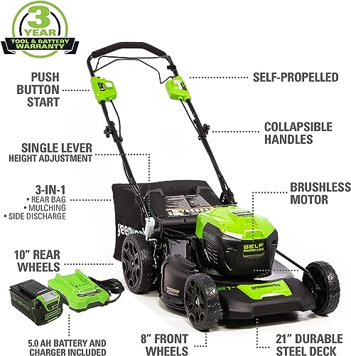 Greenworks 40V 21" Cordless Self-Propelled Lawn Mower,(500 CFM/120 MPH) Axial Leaf Blower,13" String Trimmer,Cordless Hedge Trimmer,12" Chainsaw Combo Kit w/ (1) 5Ah (1)2AH Battery, (2) 2A Chargers