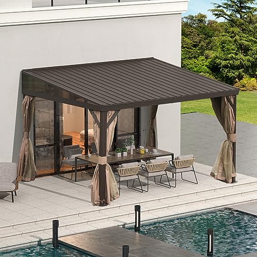 Domi 12x14FT Lean to Gazebo, Hardtop Wall Mounted Gazebo with Sloping Galvanized Steel Roof, Wall Pergola with Aluminum Frame, Curtains and Netting, for Patio, Deck, Garden, Backyard